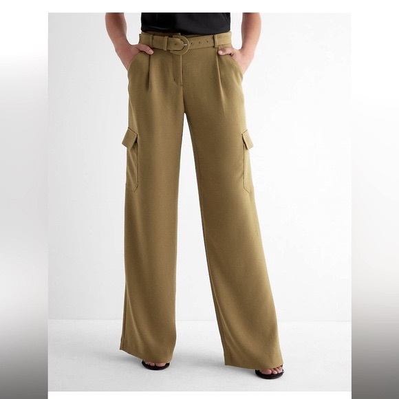 EXPRESS high Waisted Pleated Belted Utility Trouser Pants - Picture 1 of 9